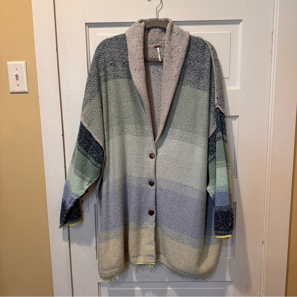 Free People Oversized Striped Shawl Collar Cardigan in Pastel Blues & Greens
